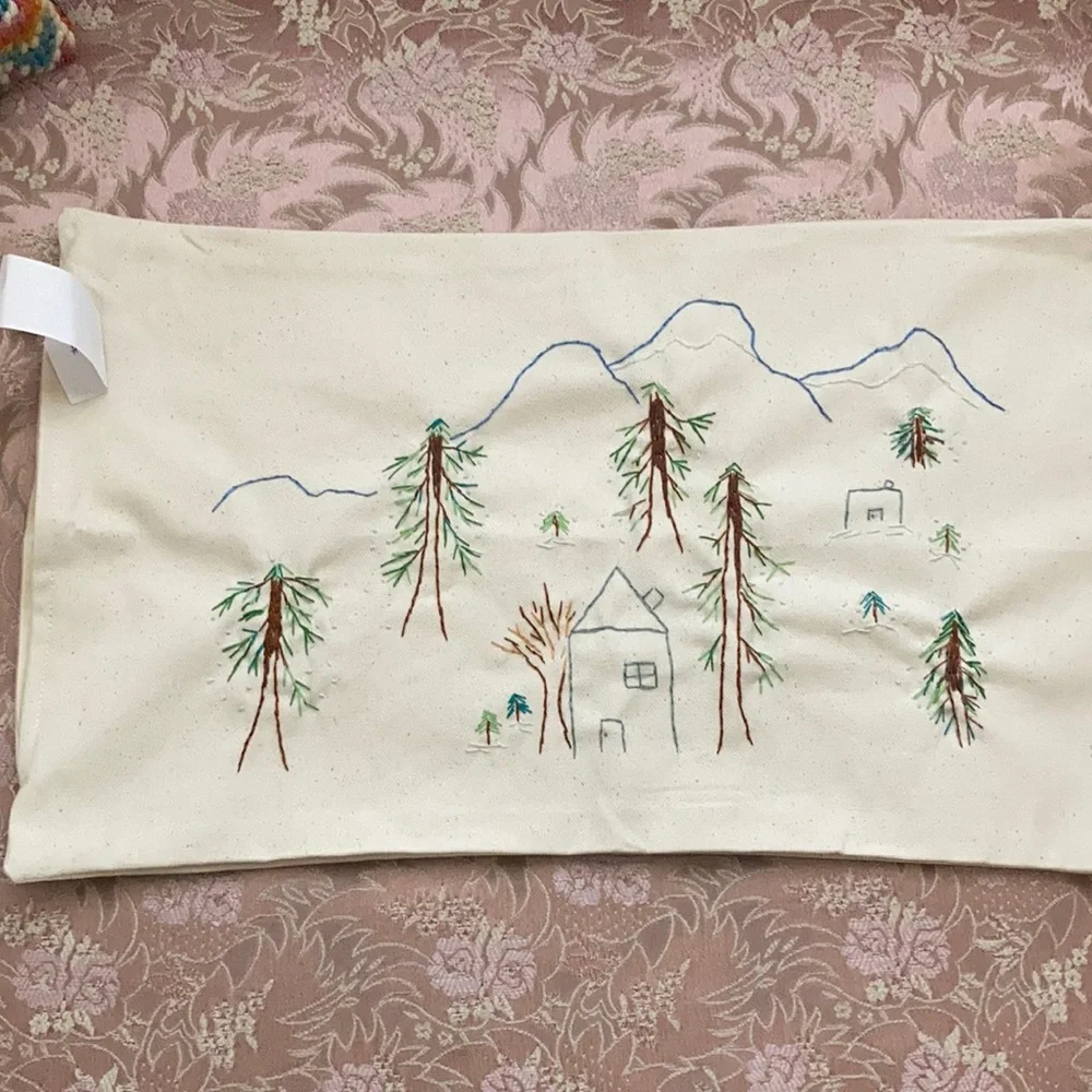 New hand sewn canvas mountain scene pillow cover